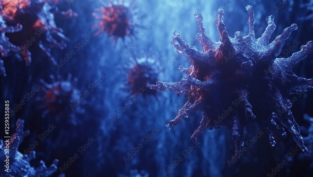 Poster microscopic virus particle structures: close-up view of viral morphology and pathogen shapes under p