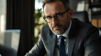 Fototapeta premium Confident Business Executive in a Modern Office, Senior Corporate Leader with Serious Expression, Successful CEO Sitting in Executive Office