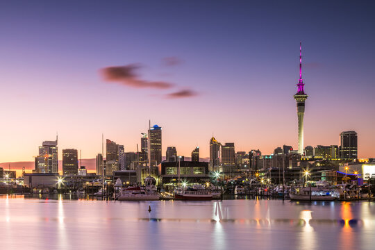 Auckland financial district skyline and harbour at dawn, New Zealand