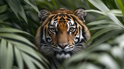 A tiger hiding in a forest with leaves