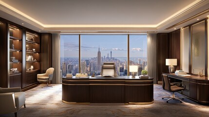 A sophisticated penthouse office with Dust Sunlight walls and panoramic city views.