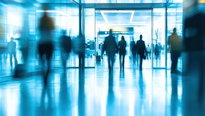 Blurred Figures Walking Through Modern Glass Building Entrance, Cityscape View