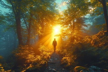 Man walks forest path, sunrise rays, misty background; nature peace