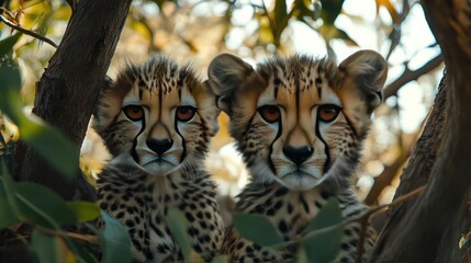 Obraz premium Two Cheetahs Peeking Out From Tree Branches