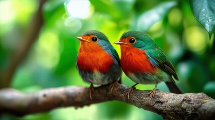 Fototapeta premium Two Vibrant Green and Red Birds Perched on a Branch in Lush Greenery