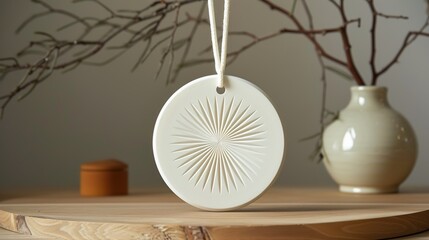 Elegant ceramic ornament hanging from a string, showcasing intricate textured design, set against a minimalist background of natural tones.