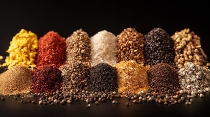 vibrant display of various spices arranged in colorful mounds, showcasing their rich textures and hues. This captures essence of culinary diversity and flavor