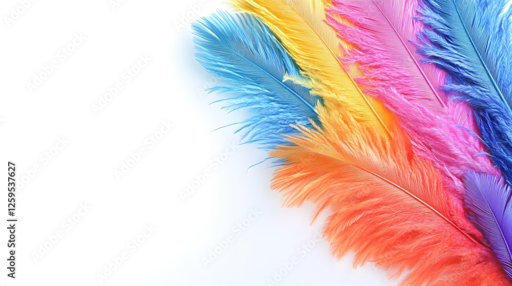 Poster vibrant feathers displaying a spectrum of color on a clean white background space