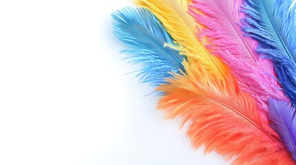 Obraz premium Vibrant Feathers Displaying a Spectrum of Color on a Clean White Background Space