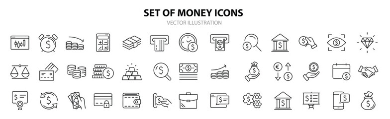 Money and finance set of web icons in line style. Payment and money icons for web and mobile app. Money, dollar, cash, pay, banking, business, finance, coin wallet, credit card. Vector illustration