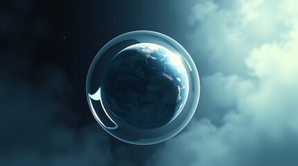 Fototapeta premium Earth Globe Protected in Bubble Shield Against Dark Cloud Background