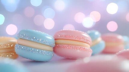 Obraz premium Colorful macarons arranged artistically with a soft bokeh background, evoking a sweet atmosphere