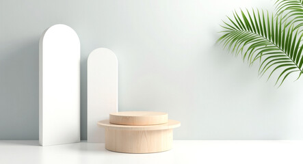 minimalist product display with wooden platform and palm leaf