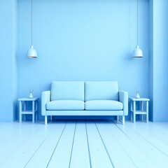 light blue minimalist living room with sofa and side tables