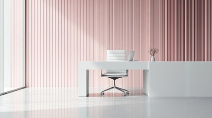 A stylish office space with pink and white color tones, sleek furniture, and minimalist decor.