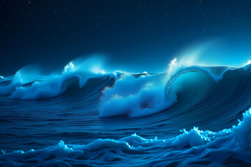 A magical 4K ocean wallpaper with glowing bioluminescent waves in neon blue under a starry sky. Ultra-detailed and enchanting.