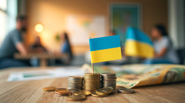 ukrainian flag stands between two stacks of coins representing financial aid