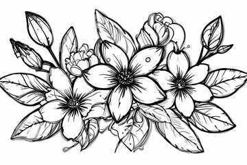 A vector set of outline jasmine flowers, buds, and leaves in black on white. Perfect for spring designs, coloring books, and ornate floral art in line style.