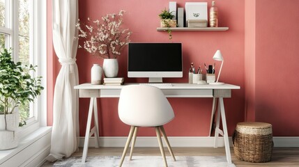 A stylish office space with pink and white color tones, sleek furniture, and minimalist decor.