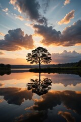 arafed tree in the middle of a lake with a sunset in the background