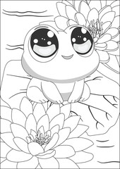 Frog in lotus pond coloring page vector