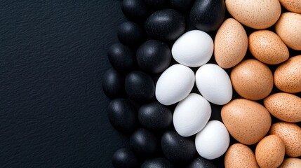 Abstract Composition of Black, White, and Beige Eggs on Dark Background