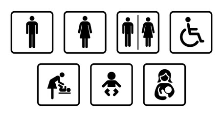 simple common restroom baby change table room disabled symbol icon sign set vector transparent background