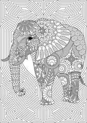 Elephant Adult Coloring Page Vector Line Art