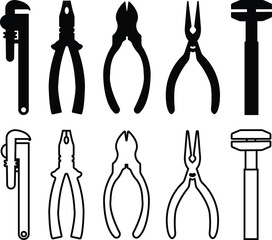 Tool repair and service icon set. Hammer Working Engineering tools in flat, line icon. Instrument Construction wrench and screwdriver. vector for apps, web isolated on transparent background.