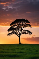 Naklejka premium sunset over a lone tree in a grassy field with a cloudy sky
