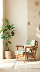 Fototapeta premium light green armchair with a beige cushion sits in a sunlit room with a potted plant