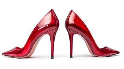 Red high heels isolated on white background, front and back view. Shiny glossy red stilettos with pointy toes, side by side.