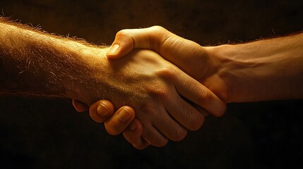A close-up handshake under a single dramatic spotlight, with deep shadows enveloping the background, emphasizing the textures and grip of the hands, hd quality, cinematic and intense atmosphere.