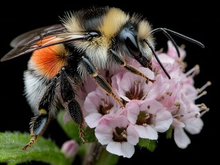 Bumblebee Resting on Delicate Pink Flowers a Detailed Macro Shot Against a Dark Background