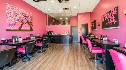 A trendy nail salon with pink chairs, black tables, and elegant decor.
