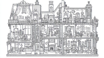 Victorian Mansion Interior Cross-Section Illustration