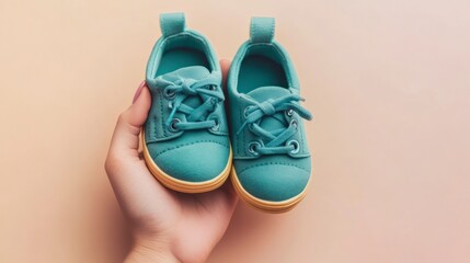 Close-up of a hand holding baby shoes on a pastel background, in a flat lay composition.