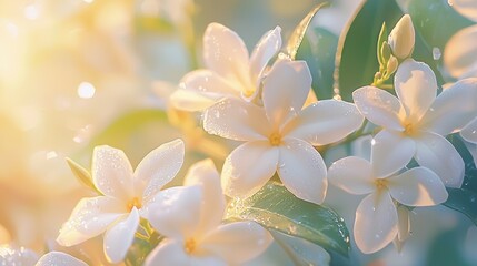 Fototapeta premium Serene Dew-Kissed White Flowers in Soft Golden Sunlight