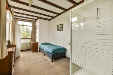 Cozy interior of a bedroom with shower