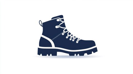 Hiking boot icon, a simple on a white background, with a navy blue and white color scheme, high resolution, and professional design