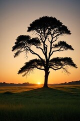 Fototapeta premium arafed tree in a field with the sun setting behind it