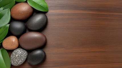 Smooth Spa Stones and Green Leaves on Wooden Background