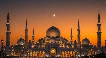 Fototapeta premium A stunning mosque illuminated at sunset, featuring grand domes, towering minarets, and intricate architecture under a crescent moon in the twilight sky.