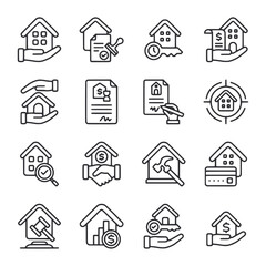 A set of house icons with a hammer, a house, a house sign, a house key