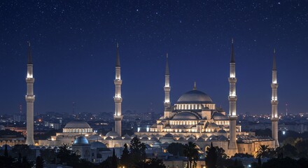 Naklejka premium A magnificent mosque illuminated under a starry night sky, showcasing grand domes and towering minarets, blending architectural beauty with spiritual serenity.