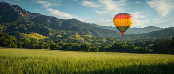 Obraz premium Colorful Hot Air Balloon Floating Above a Grassy Field Surrounded by Rolling Hills Under a Clear Blue Sky