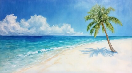 A peaceful beach scene featuring soft white sand, gentle waves, and a single palm tree casting shade under the bright tropical sun.