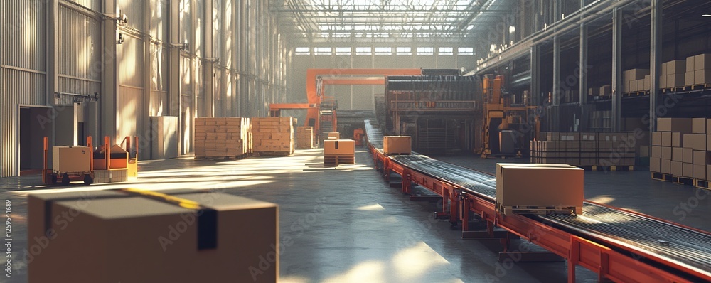 Poster automated warehouse: conveyor belts transporting cardboard boxes efficiently in a modern factory set