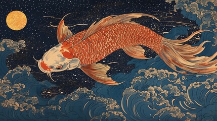 Koi Fish in Moonlight Waves