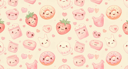 Kawaii Cute Characters Watercolor Pattern Wallpaper Background